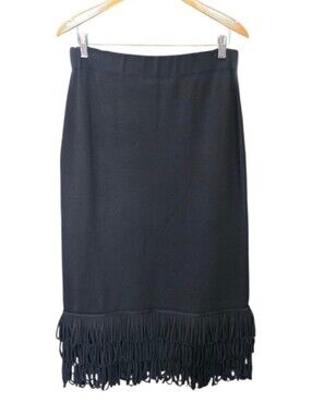 WHBM Black Fringe Hem Midi Fitted Pencil Skirt L